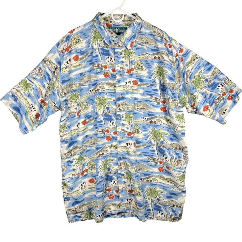 Big Dogs Hawaiian Shirt Mens 2XLT Blue Tropical Island Saint Bernard Button Up